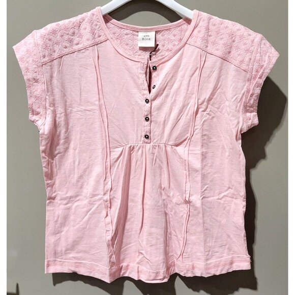 Knox Rose Women's Light Pink Henley Style SS Shirt w/ North Star Embroidery - Picture 2 of 8